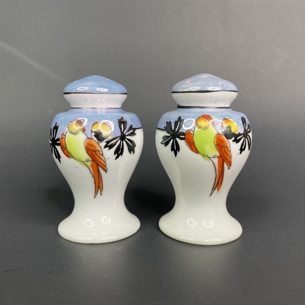 Vintage Lustreware Salt & Pepper Shaker Set Japan Porcelain Hand Painted Parrots
